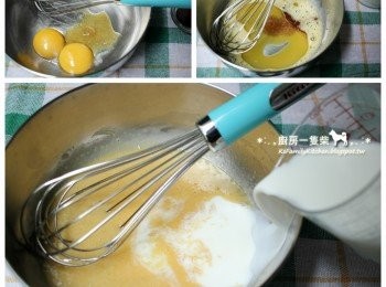 step2: 蛋黃+蜂蜜攪打至蓬鬆，再倒入葵花油、香草精、牛奶拌勻。