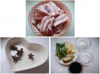 step1: *準備材料，蔥切片，薑切片，蒜切段，五花肉切大塊，八角準備。 *糖，醬油，水也都備好。 *準備一炒鍋，一燉鍋。