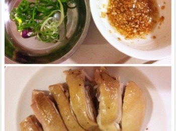 step2: 飯煮好了，讓它燜煮一會。
開始調製蒜油，取出鍋加入食油慢火爆香蒜蓉，然後盛起待用。
青蔥洗淨切絲待用。