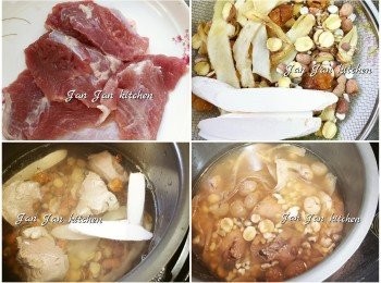 step1: 瘦肉出水，其他材料略浸洗。全部放入鍋內，滾起收小火煲2小時，以鹽調味。湯渣可吃。
