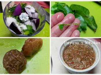 step3: 生蝦汁：（分量因應個人口味）
材料：香茅1支，檸檬葉3片，蒜頭1個，洋蔥4分1個，乾蔥3粒，莞西3束，蔥1束，酸梅(去核)2粒
調味：魚露，青檸，糖

1. 將檸檬葉嘅葉莖取走
2. 所有材料切細件，用打拌機搞碎
3. 再加入調味料就可以啦～
