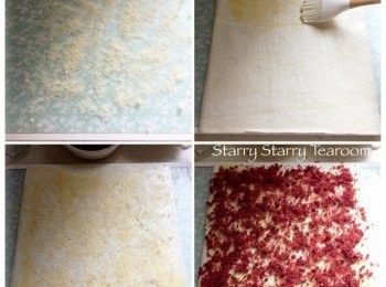 step3: 先將一半份量的砂糖，灑在砧板上，再鋪上酥皮。在酥皮上搽上牛油，再灑上剩餘的砂糖。然後平均灑上洛神花粉。