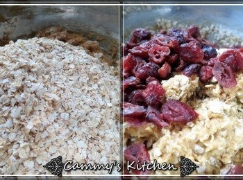 step5: 未完全混合時加入麥皮和藍莓乾。混合。