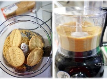 step3: 把消化餅乾放入攪拌機打碎，加入發酵奶油後，拌勻即可