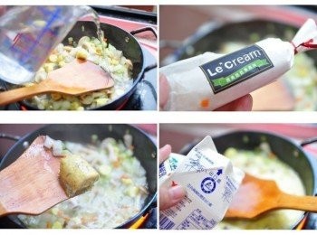 step5: 加入適量的冷水煮滾後，放入約半條的 Le Cream法式手工奶油-迷迭香蒜味，再加入牛奶與玉米粉水滾煮至濃稠狀