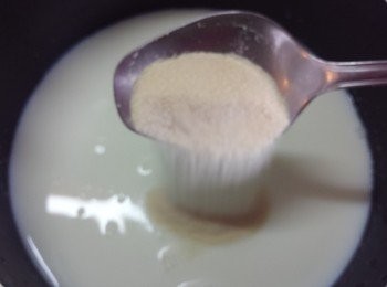 step1: 先將魚膠粉混入奶中開溶，拌勻。