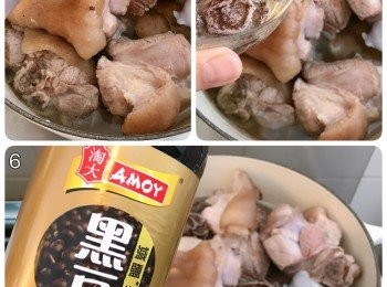 step3: 熱油鑊爆香紅洋蔥，放入豬手煎一煎香，加入話梅(連浸話梅水)、淘大黑豆頭抽、淘大減鹽蠔油、老抽、冰糖和水；