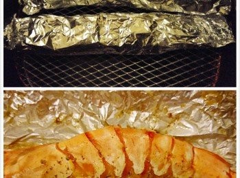 step2: 可用焗爐或空氣炸鍋焗鹽焗大蝦,,先預熱爐具温度預設200度焗10分鐘,打開錫紙倒去鹽水即成。