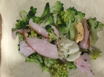 step2: 2)其餘材料切小粒加入黑椒及鹽, 平放麵團上再卷起