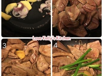 step1: 先處理一下豬腰，可以事先叫豬肉檔幫你去走豬腰中間白色的東西，反到屋企洗乾淨後用2茶匙豆粉醃佢10分鐘，除走'押'味，然後再洗乾淨切件/切花備用；