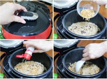 step6: 待微電腦壓力萬用鍋洩壓完成，打開鍋蓋，
加入油蔥酥ˊ白胡椒粉ˊ
然後將完成油飯拌開拌鬆散