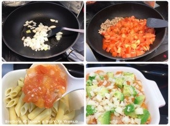 step1: 煮滾半鍋水，放入長通粉煮至軟身(按包裝指示)，隔去水分，放入凍水冷卻。