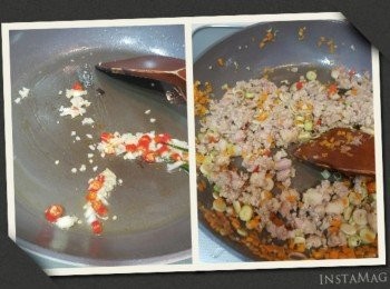 step2: 燒熱油，先爆香蒜頭，辣椒。
下紅蘿蔔粒，兜匀；再落梅頭肉鬆，香茅炒至略熟，下【<span class="group_3">調味</span>】炒香。