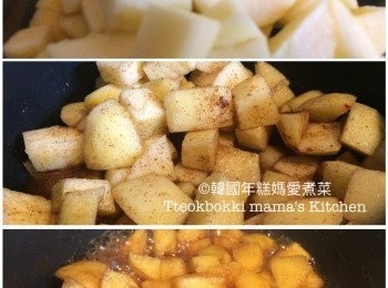 step1: 預熱焗爐至220度, 準備250-300g (3-4個)蘋果去皮切粒備用。將蘋果粒放入煲裡，加入50g砂糖，1/2湯匙肉桂粉反80ml水一起與蘋果粒煮諗至收汁，熄火放涼備用。