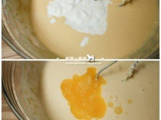 step4: 依序倒入優格、鮮奶油、檸檬汁、融化的奶油攪拌均勻。