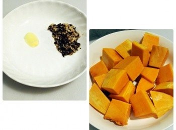 step2: (a)切一片薑。
(b)蒜頭同豆豉切碎。
(c)南瓜切大粒。