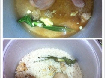 step1: 將雞腿醃料加入雞腿，醃製3小時待用。
將米1杯洗淨，加入以往調整的食水，將所有雞飯調味料加入鍋中攪拌均勻，然後加入醃製好的雞腿和班蘭葉,然後煮飯。