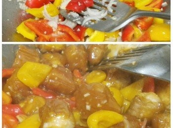 step3: 先爆香蒜蓉和紅葱頭，下甜椒煸炒再倒入酸甜汁煮至濃稠後關火。加入步驟(2)炒至沾上酸甜汁便可。