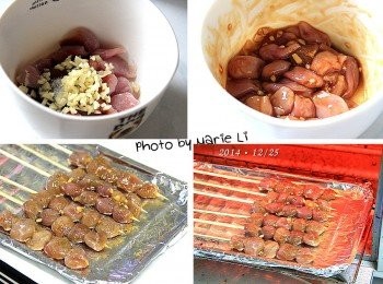 step3: 先將魚胗洗淨稍微瀝乾，切點蒜末下去
加入少許素蠔油、米酒與糖
拌勻後靜置，醃一個小時以上

醃好的魚胗五顆一串
用竹籤串成燒烤串的樣子
整齊的擺放在烤盤上
灑上一點孜然粉提味

用我那久未出面的小小烤箱
(只有一個時間旋鈕，無法調溫的小烤箱)
先將烤箱旋忸轉至極限
讓烤箱內完全發熱到最高溫之後
將魚胗串放進烤箱裡約烤 10~15分鐘即可