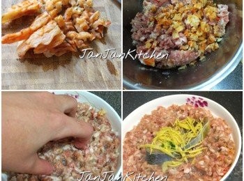 step1: 蝦乾清水浸15分鐘切粒，豬肉下醃料加入蝦乾粒醃30分鐘，蒸前才加入2湯匙水拌勻豬肉，排上碟，用5隻手指在肉餅上的周圍輕力义幾下，咁蒸出來嘅肉餅形狀會有起伏狀靚一點，而唔會一餅嘢！煮滾水，隔水蒸8-10分鐘即可。