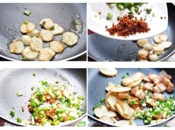 step3: 接著取一小塊無鹽奶油將蒜片煎到微焦，再放入豆酥拌炒，接著放入蔥花，最後將五花肉片及杏鮑菇片下鍋均勻拌炒