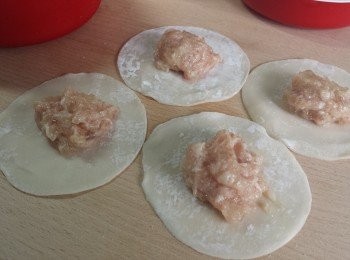 step6: 將餡料放入水餃皮包好。