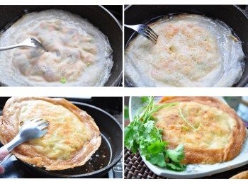 step4: 最後適量油品熱鍋熱油，將【太陽蝦餅】放入鍋中半煎半炸，過程中以叉子將內餡叉洞，可以幫助裡面<span class="group_1">食材</span>快速成熟，待兩面金黃及可夾起上桌，因為外型像太陽，所以自取名為【太陽蝦餅】囉!