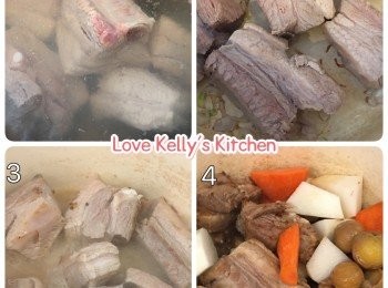 step1: 一字排切件(豬肉檔切好)飛水；紅白蘿蔔去皮切件備用；