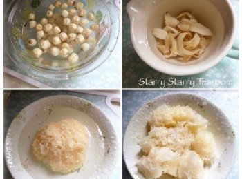 step1: 將蓮子、百合和雪耳洗淨，浸水半小時。然後將雪耳剪成小朵，備用。
