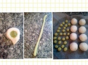 step6: 剩下的糯米糰可以搓長後，搓成小湯圓。我今天加了8g抹茶粉搓成抹茶口味的小湯圓。也可以用5g紅龍果汁染成紅色。如果太黏就加一點點糯米粉即可。完成後可冷凍，待冰硬後裝入保鮮袋或保鮮盒，隨吃隨煮。冷凍湯圓可以放半個月都沒問題喔～