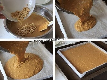 step5: 《松子》加進醒好的麵糊裡攪拌均勻
再把麵糊倒進已鋪好烘焙紙的深烤盤中
把深烤盤放在另一個更大的深烤盤中