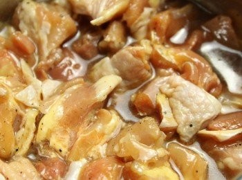 step2: 把切好的雞塊放入大密實袋中，加入蒜粒、醬油、料理酒及胡椒粉，封好袋口搖勻，醃 30 分鐘。