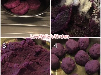 step1: 先將子心番薯去皮切件然後放入蒸爐100度或隔水大火蒸15分鐘，取出後撈入砂糖，壓爛攪勻成為番薯泥，然後取出一小部份搓圓備用；