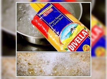 step5: 焗龍蝦時... 將Divella意大利粉放入已加鹽和橄欖油的水中烚7分鐘... 取出... 瀝水！