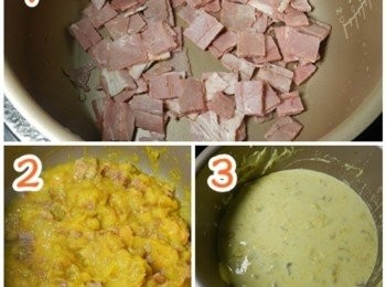 step7: 1、熱好鍋後將培根放入煎香；2、將蒸好的南瓜放入，並加入100c.c.的水與鹽巴，邊炒邊把南瓜壓成泥；3、將米漿倒入鍋內，慢慢將汁收稠