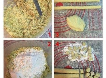 step8: 地瓜ㄧ樣是壓成泥，並混入所有的用粉，如果太乾無法成糰則可加適量的水，壓揉成糰後，滾成圓柱型，在分切成等量大小，並撒上玉米粉或太白粉防沾即可。