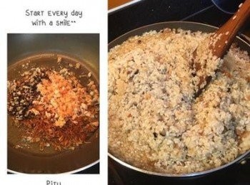 step7: 剩下的蝦米和香菇切末並分成2份,因為炒鍋小分兩次炒米;炒鍋中放2匙豬油和2匙沙拉油,炒香香菇末、蝦米末和紅蔥酥,並放入瀝乾的米(約1半的量)中火拌炒讓米都吃到油,接著放入香菇水4杯,薄醬油約3-4湯匙,糖3茶匙,香菇精2茶匙,鹽2/3茶匙,中小火拌炒。