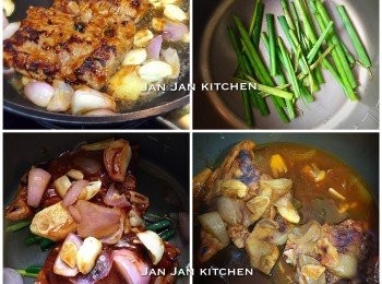 step2: 下料頭爆香，下豬軟骨略煎至兩面金黃。高速鍋底部鋪上蔥段，下20毫升清雞湯，將軟骨放上，先前保留的醃汁淋上，料頭放面，使香味可以滲入軟骨內，關蓋炆30分鐘，完成取出軟骨剪塊。普通飯鍋做法在下面。