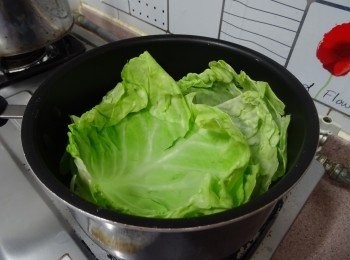 step1: 煮滾一煲水， 熄火後放入椰菜片， 浸至稍軟便立即要撈起， 瀝乾, 再用廚紙抹乾備用.