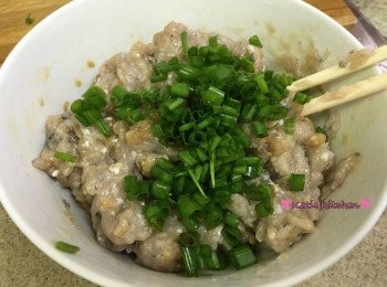step2: 鯪魚肉先用調味混合後, 加入生粉攪至黏身, 加水少許, 攪至起膠再加蔥和芫茜(自行按喜好加減份量), 大力將鯪魚肉用手拍入碗中增加彈性, 煎出來更爽口美味