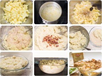 step2: 薯仔粒還熱時加入黑松露、淡忌廉、牛油及黑椒碎，以叉背壓成茸