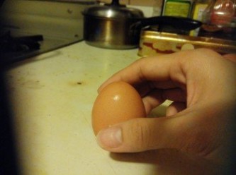 step1: 常溫蛋 (若是冰箱取出請放置常溫1小時以上)蛋的兩端分別轻敲至有点裂纹，或可以用大頭針在蛋的兩端分別刺一小孔