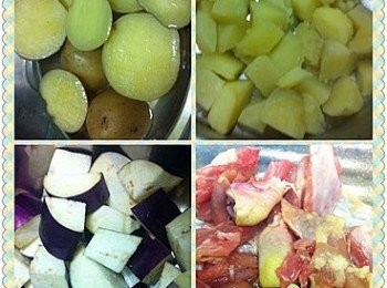 step1: 醃好雞脾仔肉備用，茄子切粒備用。