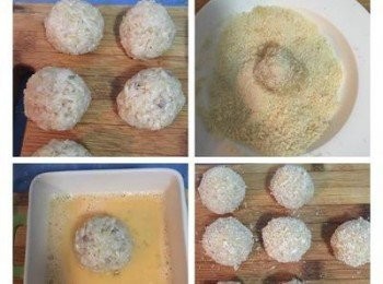 step5: 此時開始中小火加熱油鍋，同時間捏飯糰，取一湯匙<span class="group_1">燉飯</span>在手掌中略壓平並於中間放入起司然後包起來滾成圓球，將所有<span class="group_1">燉飯</span>都滾成圓球後，逐一沾蛋液後裹上麵包粉。全部都裹好後丟一點點麵包粉試油溫。