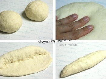 step5: 發酵完成的麵糰等分成兩份
再靜置 20分鐘讓麵糰鬆弛會比較好整型

完成鬆弛的麵糰先取一份輕輕按壓成圓餅狀
再用擀麵棍排出空氣並擀成大片餅狀
慢慢由邊緣將麵糰折合成橢圓形
再擀開成偏長條狀後重覆折合成橢圓形
如此作法重覆 2~3 次，麵糰就會變成長棍狀了