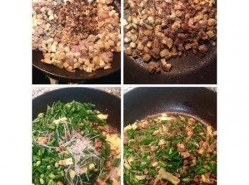 step2: 鍋內放約2匙沙拉油，先下紅蔥頭爆香後，一邊放絞肉炒到肉變白，一邊放油豆腐略煎，再將三種<span class="group_1">食材</span>混炒後，中間空出來爆香香菇和蝦米末，香味出來後再次混勻，並下白胡椒粉和醬油拌炒上色，接著放入韭菜花和冬粉，並且下香油、鹽、胡椒鹽、香菇精<span class="group_2">調味</span>，略為拌炒後關火放涼備用。