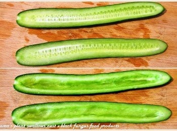 step2: 將小黃瓜洗淨後剖半，用小湯匙挖空小黃瓜來當成容器。