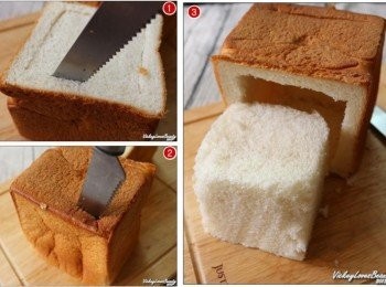 step8: 1>將一半的吐司在剖面以不切斷的方式，四方各留約2cm左右 2>在一側面以不切斷的方式加切一刀 3>取出內面的白吐司