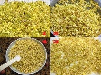 step1: 1.新鮮桂花採下挑去雜質 2.放入細網篩輕輕洗去灰塵撈起瀝乾 3.平均鋪放在餐巾紙上吸乾多餘水份 4.灑上少許鹽輕輕翻一下醃15~20分鐘