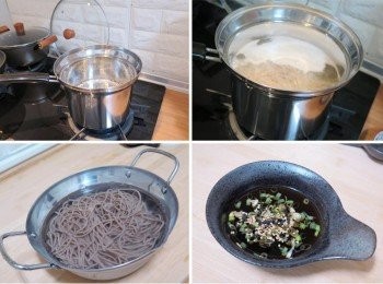 step2: 小湯鍋直接盛取飲水機的熱開水使用， 然後移至瓦斯爐再加沸， 這樣可節省等待時間，接著擺入蕎麥麵 (依使用品牌和喜好口感決定煮的時間)， 另一小湯鍋盛取飲水機冰開水， 待蕎麥麵煮至需要熟度後撈起，放入冰水中漂涼， 可多漂涼一次讓蕎麥麵更Q彈， <span class="group_2">調味</span>則先準備好備用